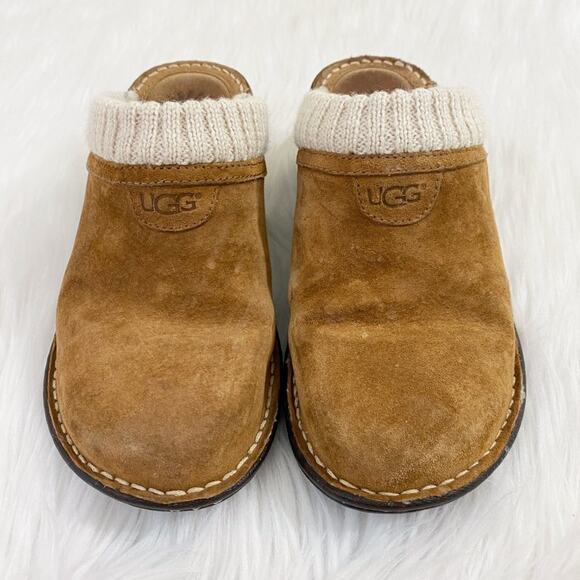 Ugg Chestnut Brown Suede Wedge Heel Clogs Shearling Lining Women's Size 7 EUC - Picture 3 of 10